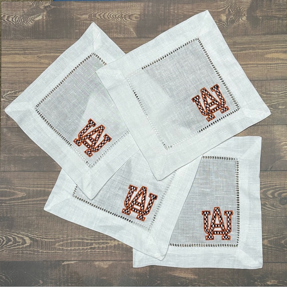 New set of 4 AU embroidered linen cocktail napkins orange and blue